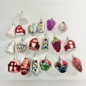 19 Vintage Mercury Glass Christmas Ornaments Mixed Lot Bell Fruit Santa Mica